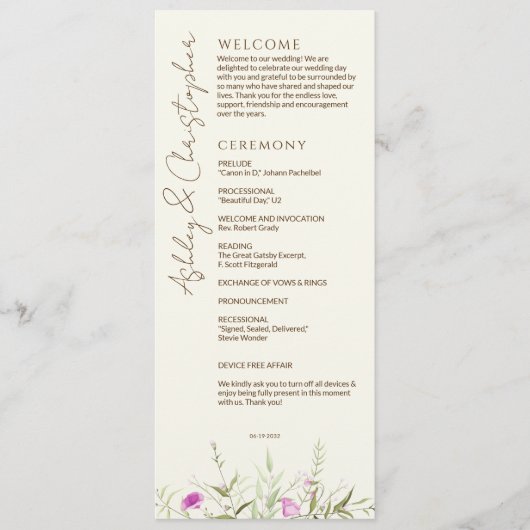Elegante moderne Wildblume Offweiße Hochzeit Programm (Vorderseite)