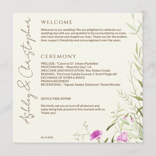 Elegante moderne Wildblume Offweiße Hochzeit Programm (Vorderseite)