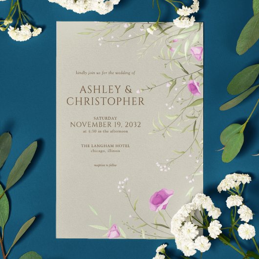 Elegante Moderne Wildblume Taupe Wedding Einladung