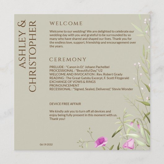 Elegante Moderne Wildblume Taupe Wedding Programm (Vorderseite)