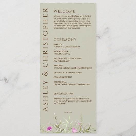 Elegante Moderne Wildblume Taupe Wedding Programm (Vorderseite)
