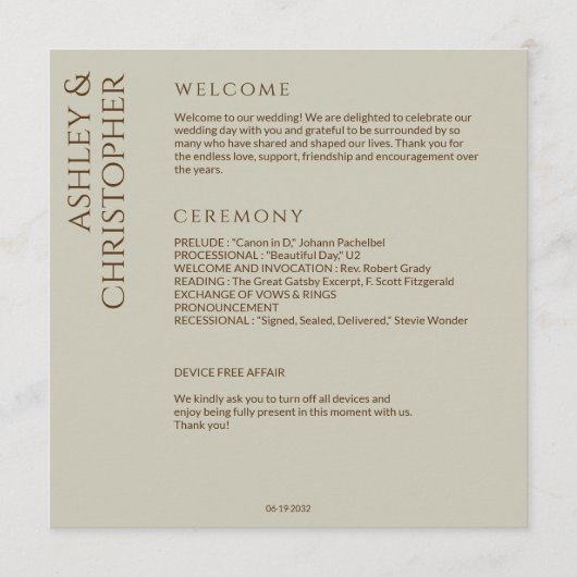 Elegante Moderne Wildblume Taupe Wedding Programm (Vorderseite)