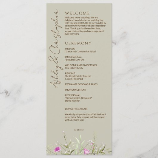 Elegante Moderne Wildblume Taupe Wedding Programm (Vorderseite)