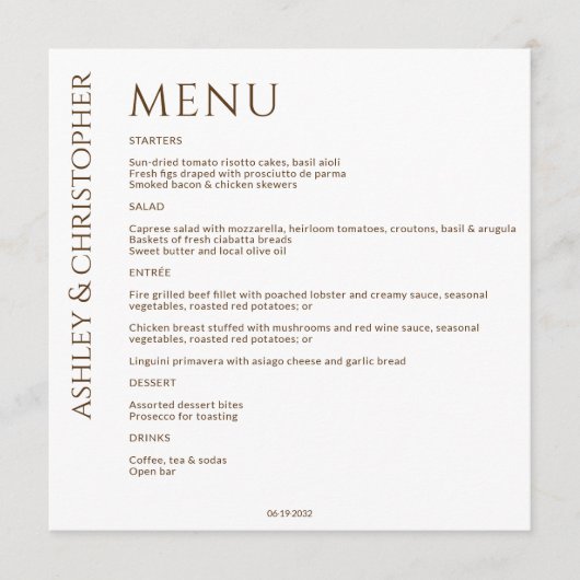 Elegante Moderne Wildblume White & Bronze Wedding Menükarte (Vorderseite)