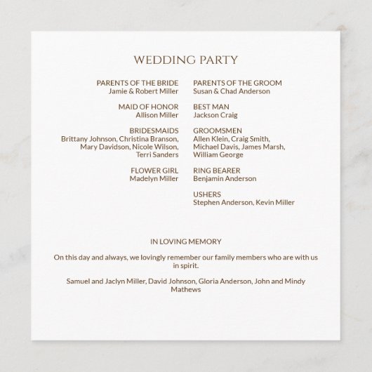 Elegante Moderne Wildblume White & Bronze Wedding Programm (Rückseite)