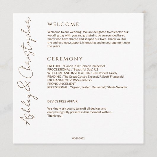 Elegante Moderne Wildblume White & Bronze Wedding Programm (Vorderseite)