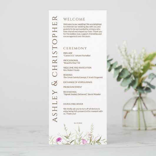 Elegante Moderne Wildblume White & Bronze Wedding Programm (Stehend Vorderseite)