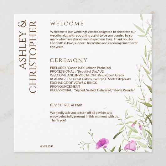 Elegante Moderne Wildblume White & Bronze Wedding Programm (Vorderseite)