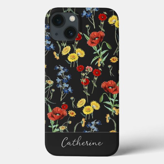 Elegante moderne Wildblumen Name auf schwarz Case-Mate iPhone Hülle (Rückseite)