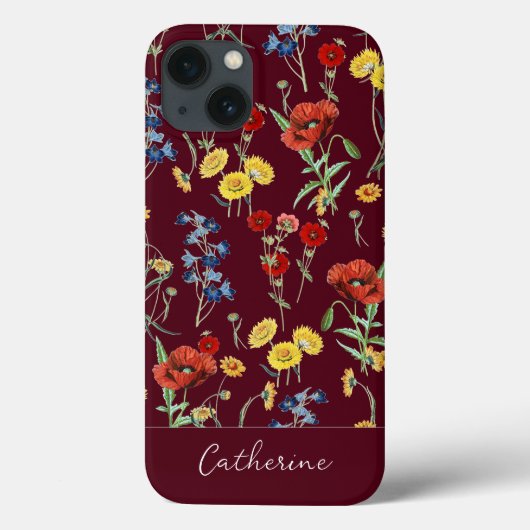 Elegante moderne Wildblumen Name Burgundy Case-Mate iPhone Hülle (Rückseite)