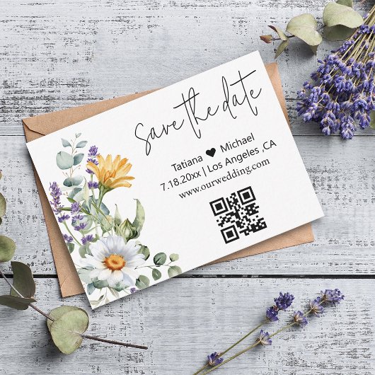 elegante moderne Wildblumen Save the Date qr Mitteilungskarte
