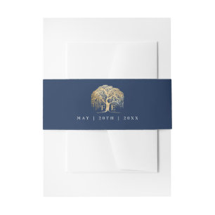 Elegante Moderne Willow Tree Navy Blue Gold Hochze Einladungsbanderole