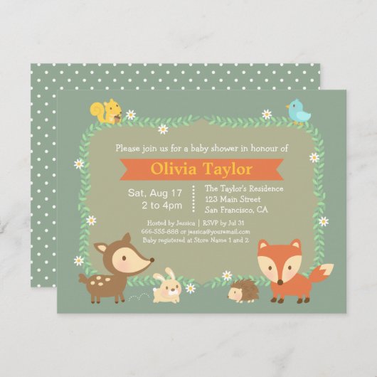 Elegante moderne Woodland Animal Baby Dusche Einladung (Vorne/Hinten)