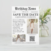 Elegante moderne Zeitung Quinceañera qr Code Save The Date (Stehend Vorderseite)