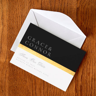Elegante moderne zweifarbige schwarze goldene Foto Save The Date