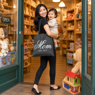 Elegante Mom Established Year Weiße Schrift Tasche