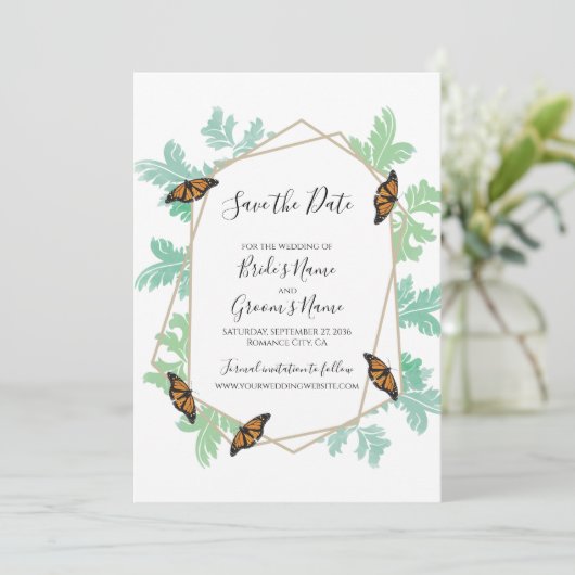 Elegante Monarch Butterfly Hochzeit rettet das Dat Save The Date (Stehend Vorderseite)