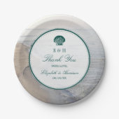 Elegante Mongram & Aquamarin Scallop Beach Hochzei Pappteller (Vorderseite)