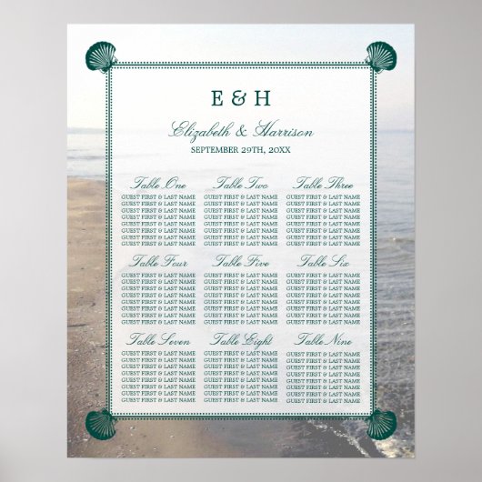 Elegante Mongram & Aquamarin Scallop Beach Hochzei Poster (Vorne)