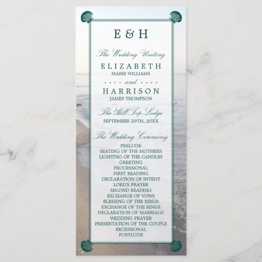 Elegante Mongram & Aquamarin Scallop Beach Hochzei Programm (Vorderseite)