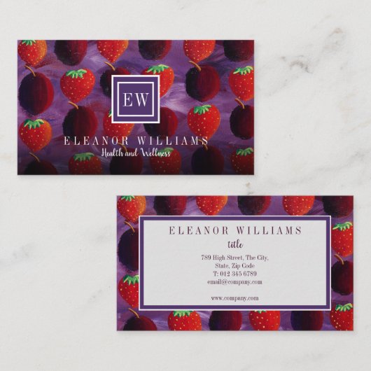 Elegante Mongram Frucht Erdbeeren Pflaumen Visitenkarte (Vorne/Hinten)