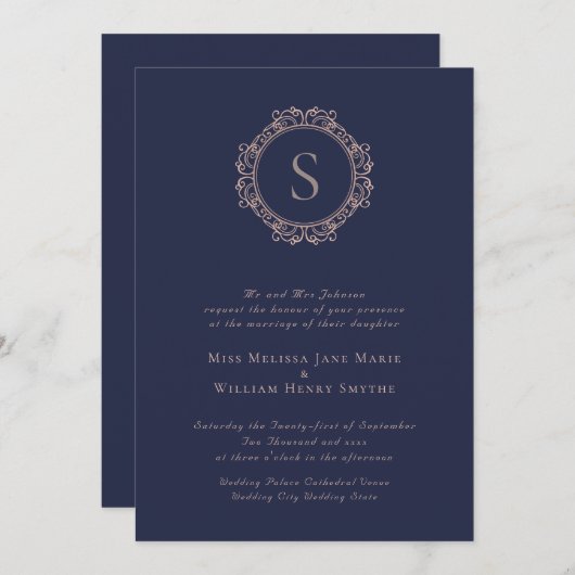 Elegante Mongram Kupfer Blush Navy Hochzeit Einladung (Vorne/Hinten)