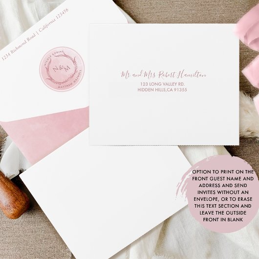 Elegante Mongram und Dusty Rose Wasserfarbenhochze All In One Einladung