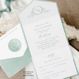 Elegante Mongram und Sage Green Watercolor Wedding All In One Einladung