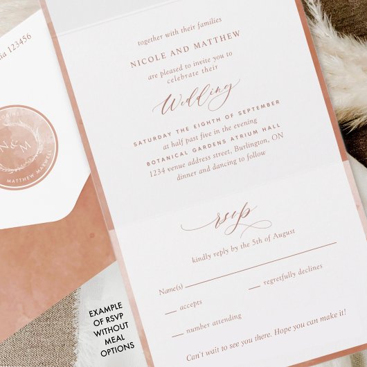 Elegante Mongram und Terracotta Wasserfarbenhochze All In One Einladung