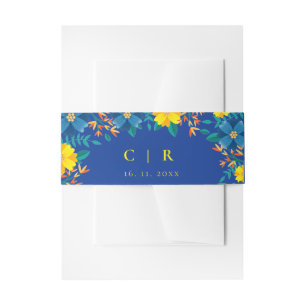 Elegante Mongram Yellow and Blue Floral Wedding Einladungsbanderole