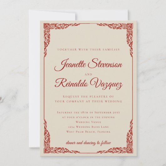 Elegante monochromatische Ruby Red Bone White Wedd Einladung (Vorderseite)