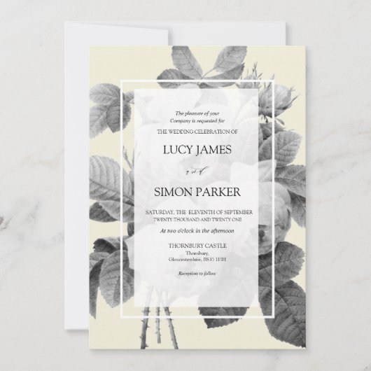 Elegante monochrome französische Vintage Rose Einladung (Vorderseite)