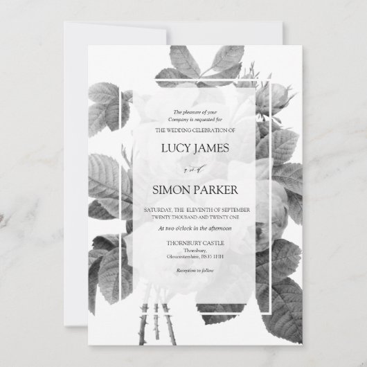 Elegante monochrome französische Vintage Rose Einladung (Vorderseite)