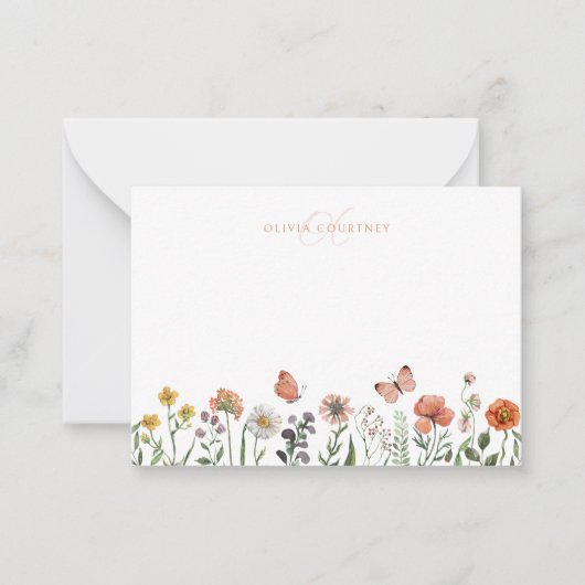 Elegante Monogram Aquarellfarben-Wildblume Mitteilungskarte (Vorderseite)