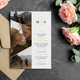Elegante Monogram Asymmetrische Fotos Hochzeitsgol Folieneinladung