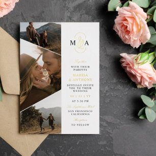 Elegante Monogram Asymmetrische Fotos Hochzeitsgol Folieneinladung