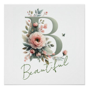 Elegante Monogram B Classic Pastel Pink Chic Peony Poster