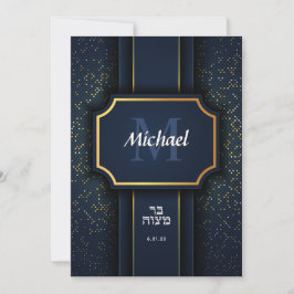 Elegante Monogram Bar Mitzvah Blue Gold Einladung