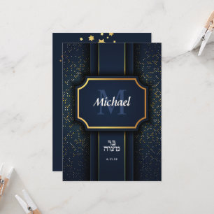 Elegante Monogram Bar Mitzvah Blue Gold Einladung