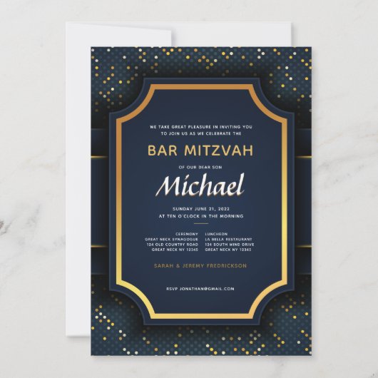 Elegante Monogram Bar Mitzvah Navy Gold Einladung (Rückseite)
