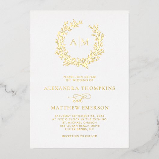 Elegante Monogram Beach Wedding Real Gold Folieneinladung (Vorderseite)