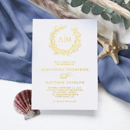 Elegante Monogram Beach Wedding Real Gold Folieneinladung