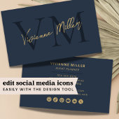 Elegante Monogram Beruflich Navy Blue Gold Visitenkarte