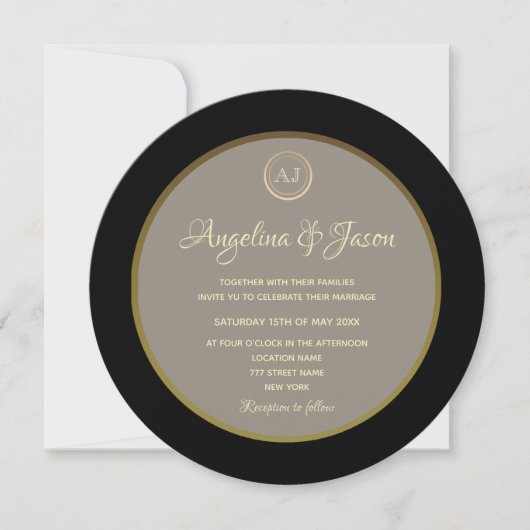 Elegante Monogram Black and Gold Wedding Einladung (Vorderseite)