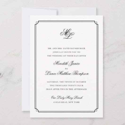Elegante Monogram Black and White Script Wedding Einladung (Vorderseite)