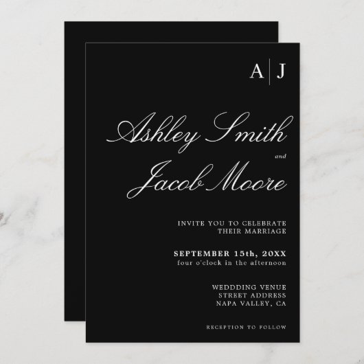 Elegante Monogram Black and White Wedding Einladung (Vorne/Hinten)