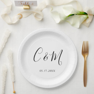 Elegante Monogram Black and White Wedding Pappteller