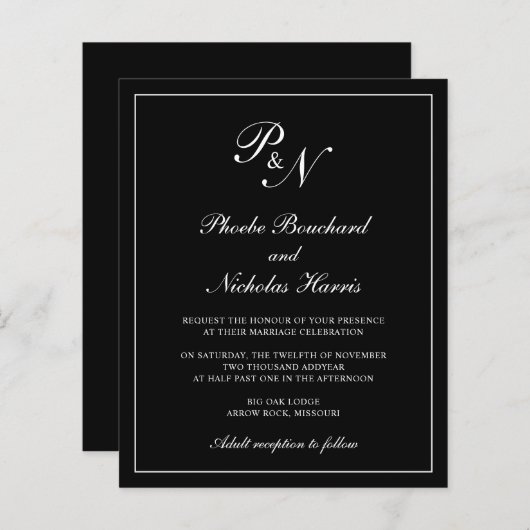 Elegante Monogram Black Budget Einladung zur Hochz (Vorne/Hinten)