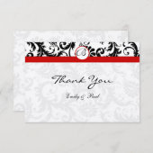 Elegante Monogram Black Damask Red Trim Wedding Mitteilungskarte (Vorne/Hinten)