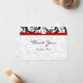 Elegante Monogram Black Damask Red Trim Wedding Mitteilungskarte (Vorderseite/Rückseite Beispiel)